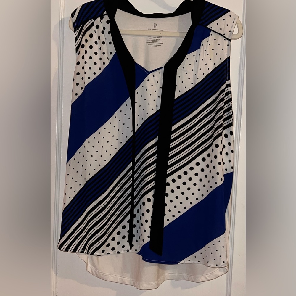 New York & Company Asymmetrical Blue and White Sailor Collar Blouse